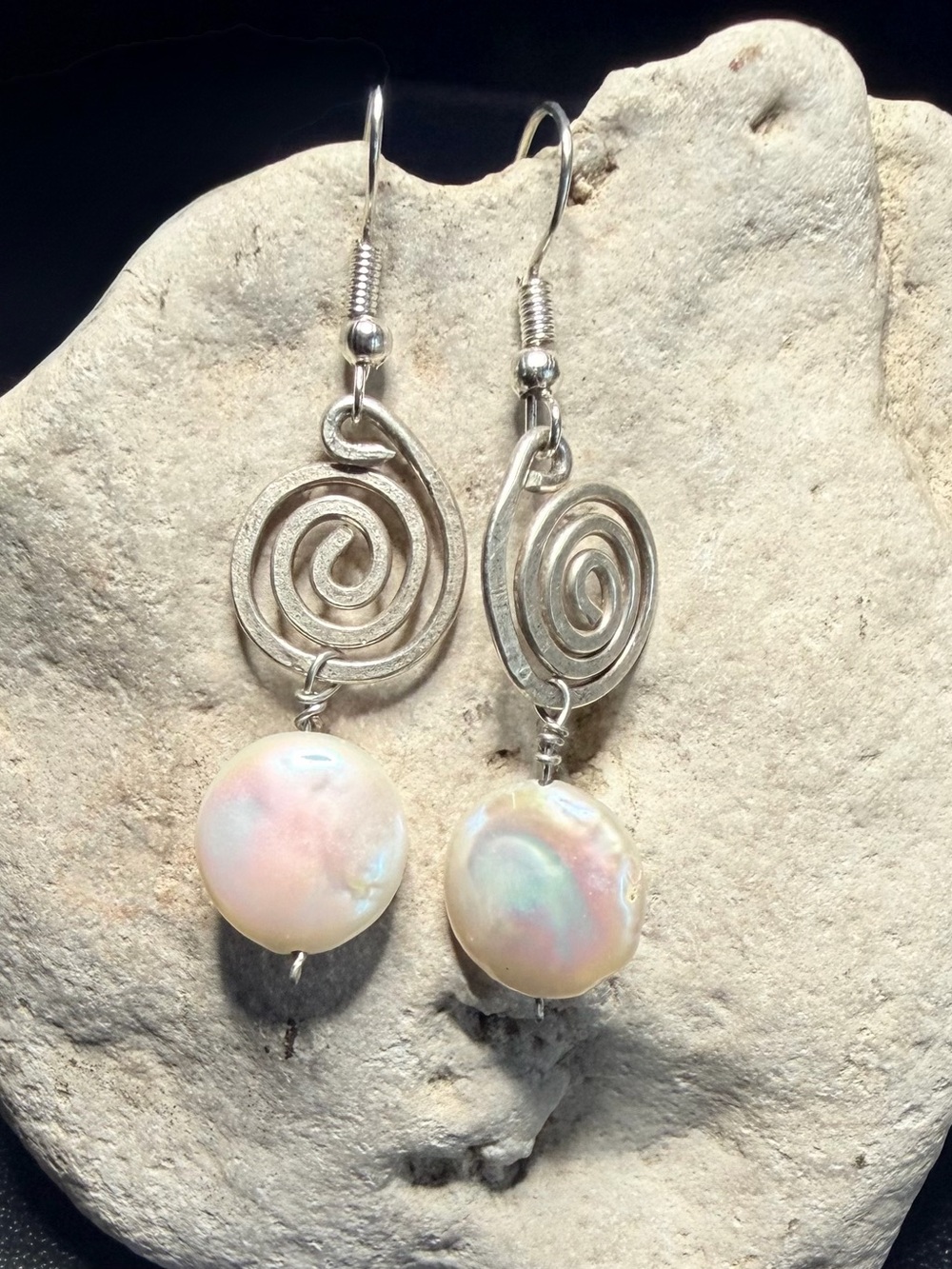 ✨Handmade✨ Spiral Drop Earrings with Iridescent White Discs - Hypoallergenic
